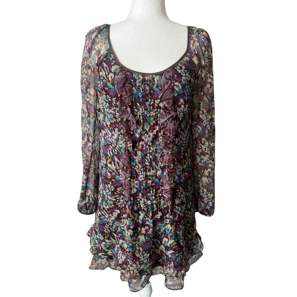 Plenty By Tracy Reese Scoop Neck Ruffled Print Long Sleeve Silk Mini Dress Small